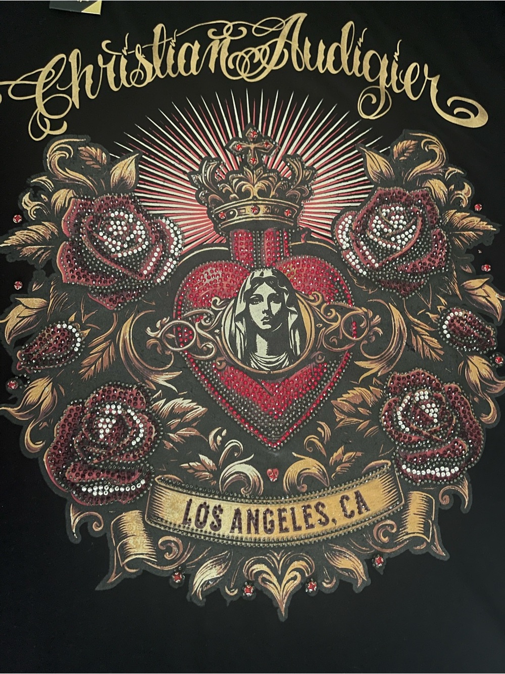 *NWT* Men Christian Audigier LA Lady of The Rose Rhine-Stone and Sapphire T-shir